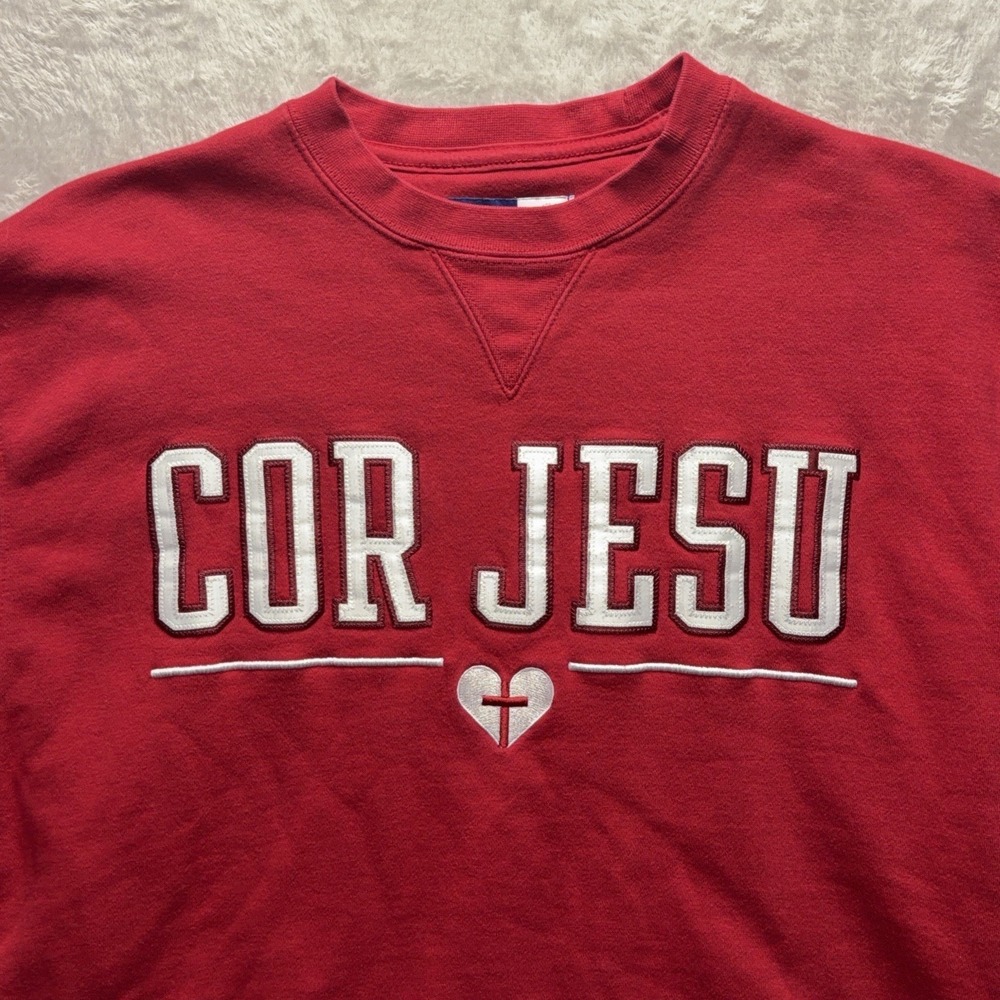 Cor Jesu Big Cotton Sweatshirt Mens M Red Crewneck Embroidered Spellout Pullover - Picture 2 of 12